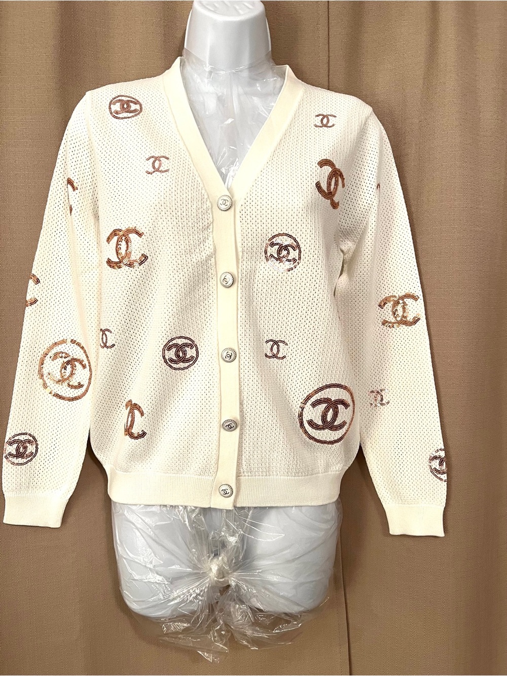 CHANEL White Mesh Knit Cardigan with Sequin CC Logo